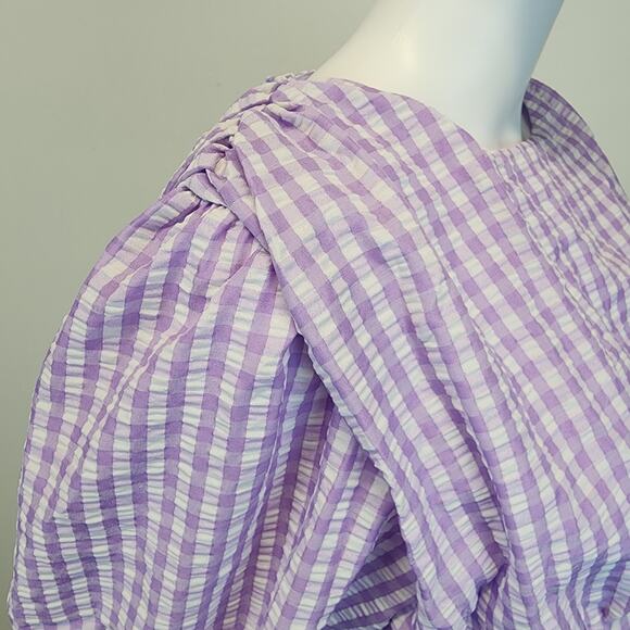 Zara Farmers Daughter Mini Dress Size M Purple Ruched Front Gingham Puff Sleeve - Picture 6 of 16